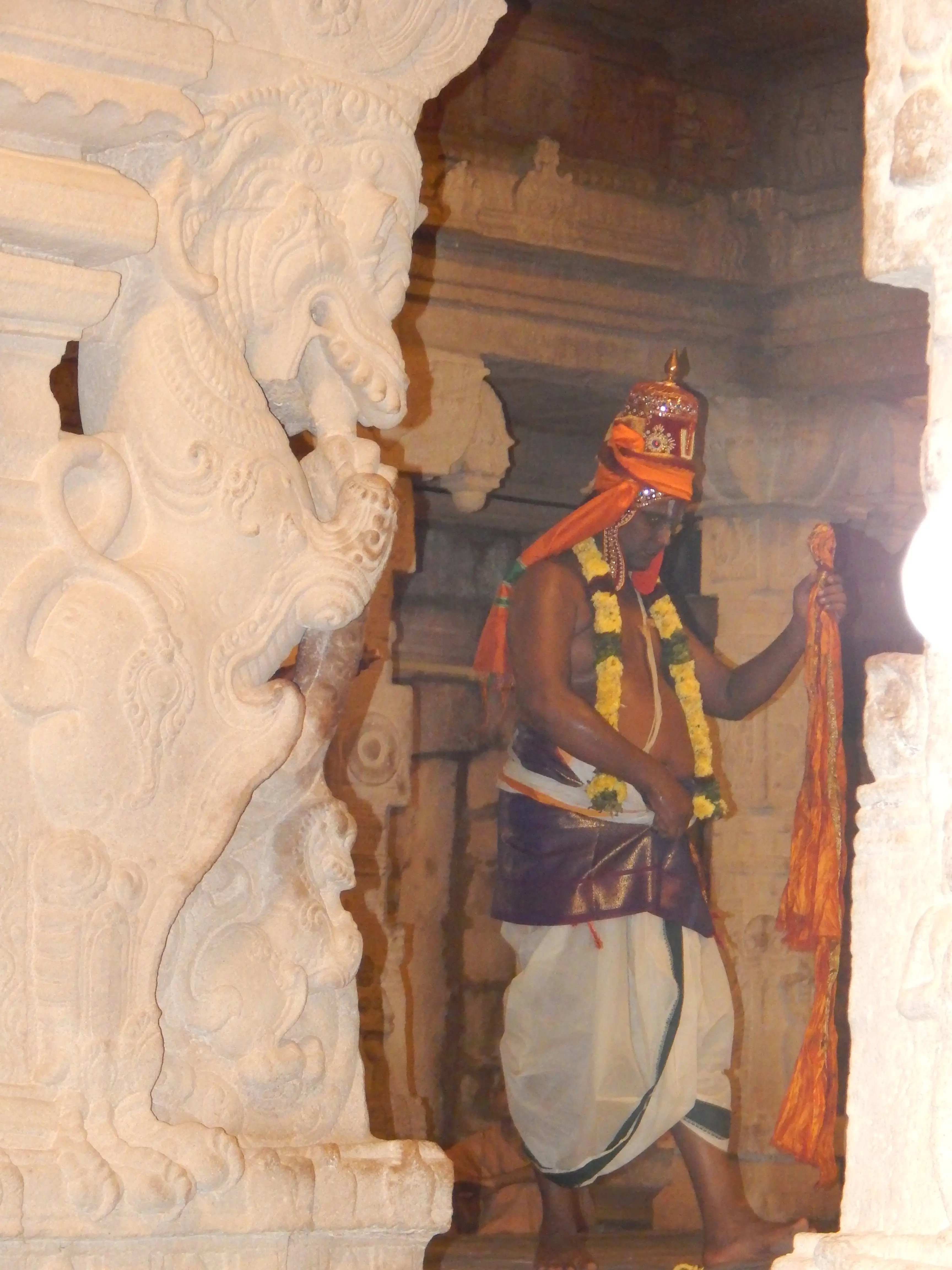 Araiyar Nathamuni of Alvar Tirunagari performs the interpretation for the eleventh verse of the Tiruneṭuntāṇṭakamas part of the Muttukkuṟi, Pakal Pattu Maṇṭapam, Ādi Nātha Perumāḷ Temple, Alvar Tirunagari, Dec. 20, 2015. The orange silk in his left hand signifies both the girl and the silk in which she is draped (paṭṭu uṭukkum ivaḷ). Photograph Archana Venkatesan.